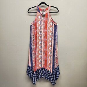 Maurices Halter Midi Dress Women Size L Red White Blue Flowy Rayon Comfort